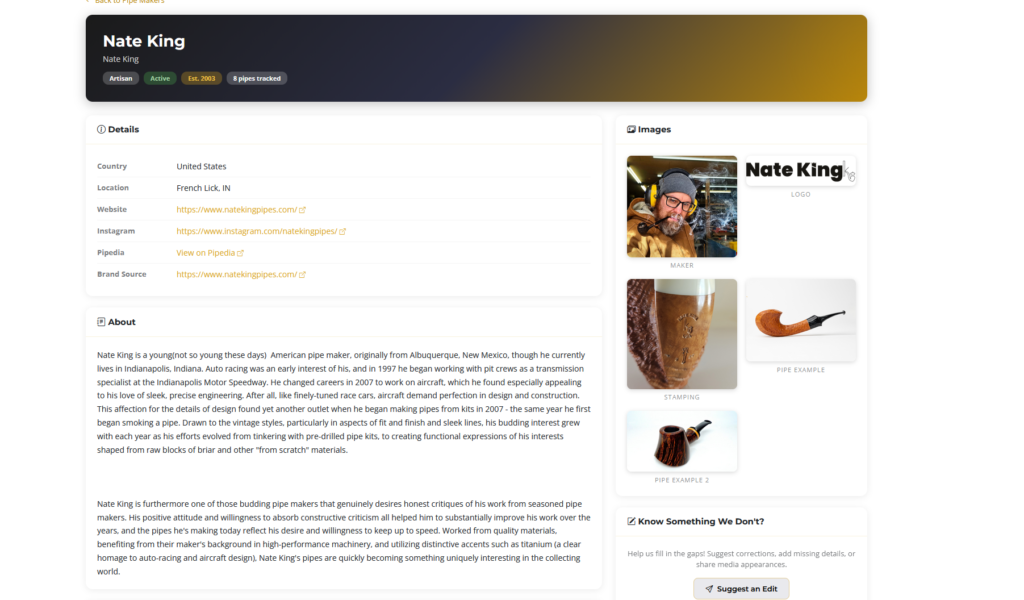 Pipe Maker profile page showing details, images, and about section