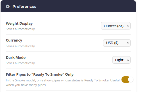 Profile Preferences panel showing the "Filter Pipes to Ready To Smoke Only" toggle switched on