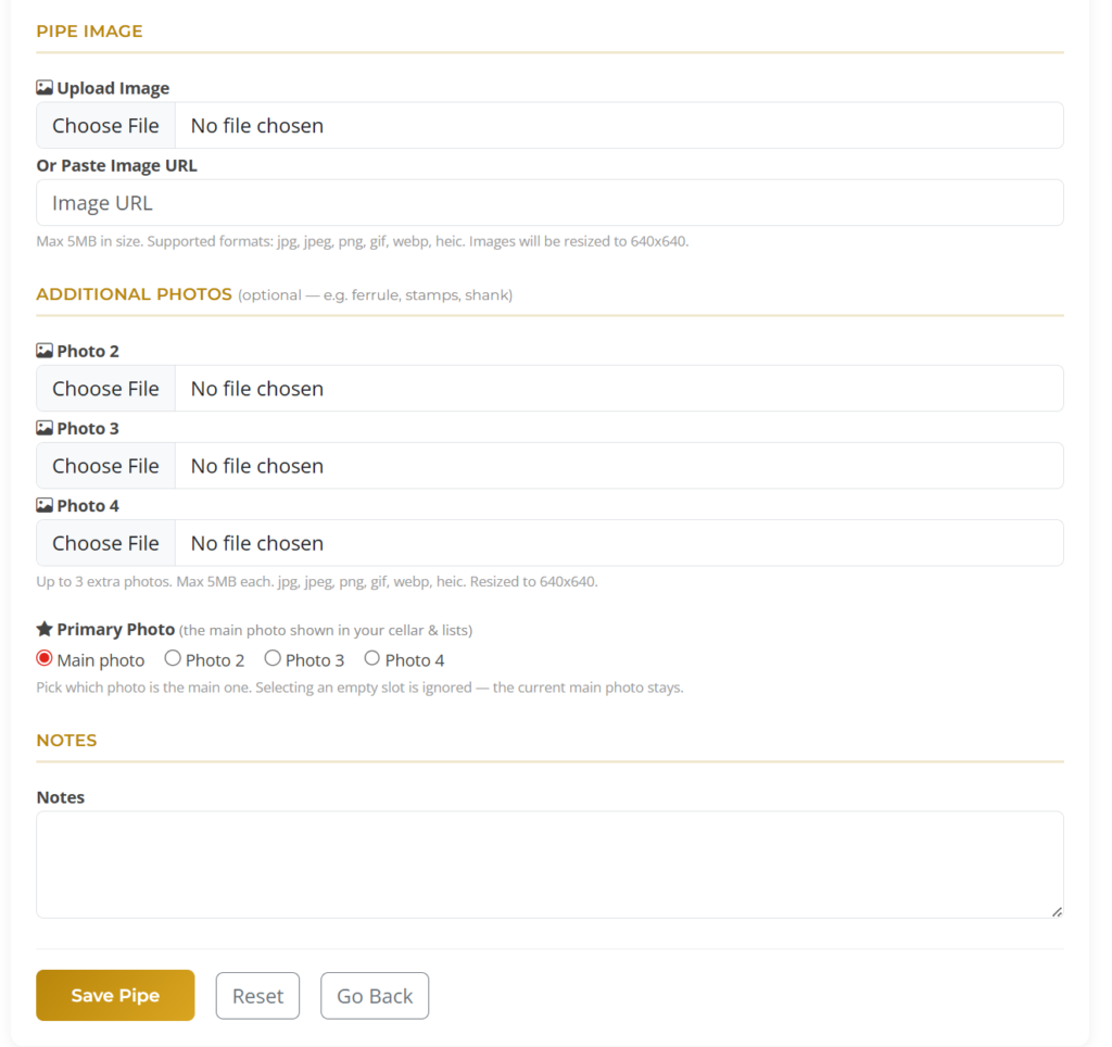 Add Pipe form showing the new Additional Photos section with three extra file inputs and a Primary Photo radio picker